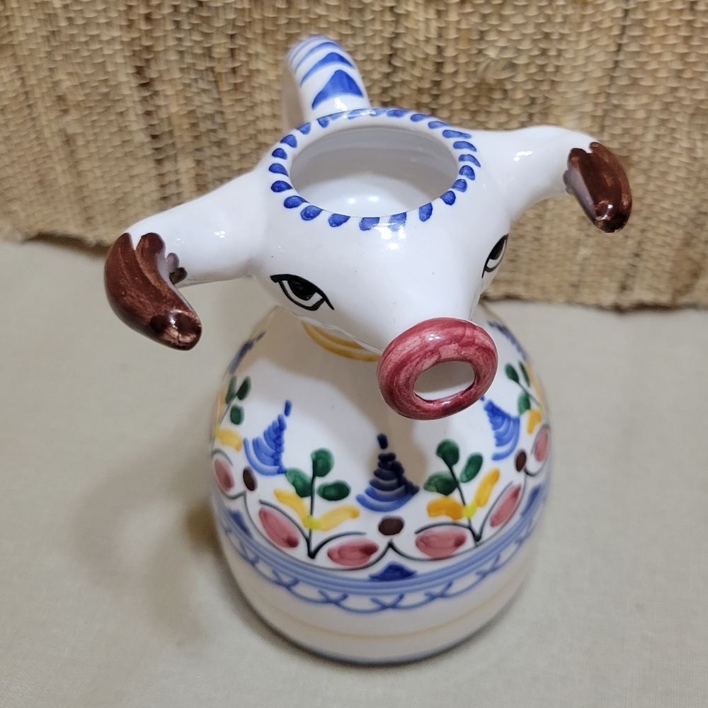 Espana Talavera Art Pottery Bull Creamer White Floral Hand Painted